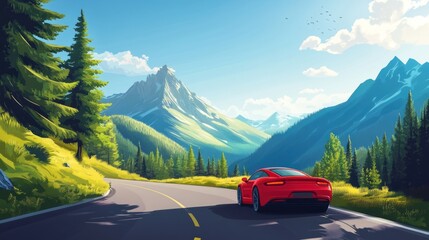 Red Sports Car on Mountain Road