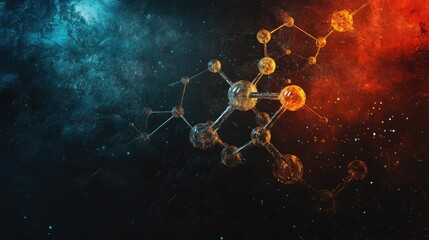 Abstract chemical formula with a glowing effect, floating on a dark, textured background, representing the complexity of molecular science.