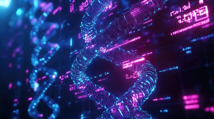 Fototapeta premium Abstract chromosome design with glowing chemical formulas, emphasizing the intersection of science and technology.