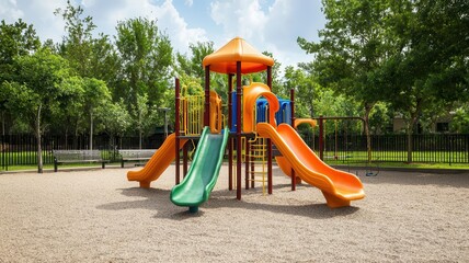 A modern, colorful playground set in a lush green park on a sunny day, filled with children of various ages playing happily The equipment is all soft-edged and designed for safety, with parents watchi