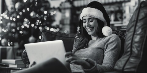 Woman typing on laptop while wearing festive Santa hat, great for holiday marketing or Christmas theme
