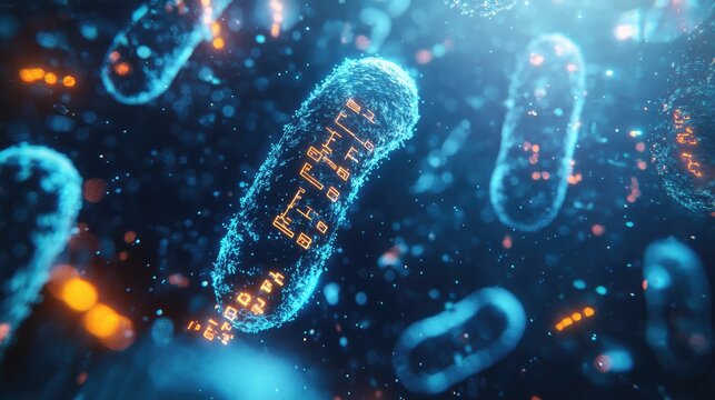 Abstract depiction of chromosomes with glowing chemical formulas, set against a sleek, digital background, emphasizing genetic research.