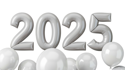 2025 Happy New Year 3d number white balloon isolated on white background
