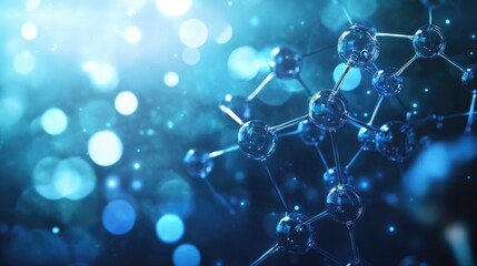 Abstract molecular model with interconnected atoms, displayed on a digital screen with a high-tech background, representing scientific research.