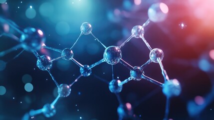 Abstract molecular model with interconnected atoms, displayed on a digital screen with a high-tech background, representing scientific research.