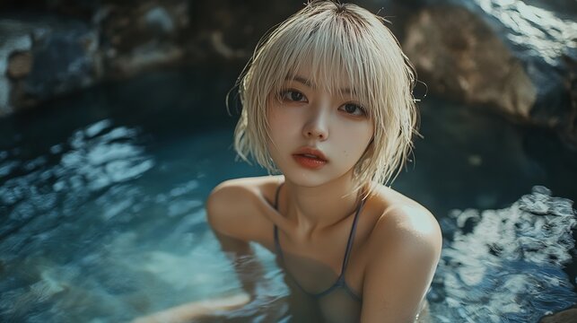 Beautiful chines woman with short hair in swimming in the sea