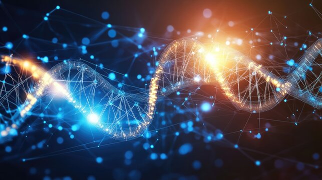 Abstract representation of DNA molecules with glowing connections, set against a high-tech background, symbolizing genetic research.
