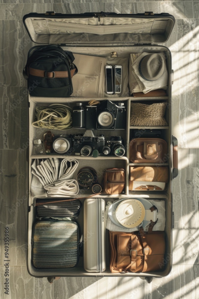 Poster a suitcase filled with various items