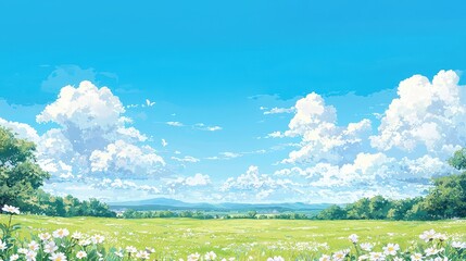 Obraz premium Sunny Meadow with Blue Sky and White Clouds