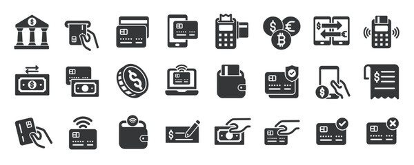 Payment glyph solid icons collection. Containing money, finance, bank, cashless. Minimal icon and symbol series vector illustration