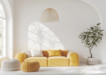 A modern living room with a yellow sofa, a plant, and a white wall.