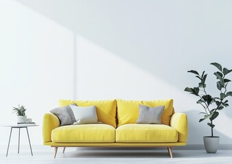A bright yellow sofa with white and grey pillows in a white living room with a potted plant and side table.