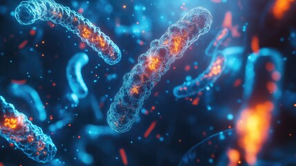 Chromosome strands with abstract molecular designs, floating in a futuristic digital environment, highlighting medical research.