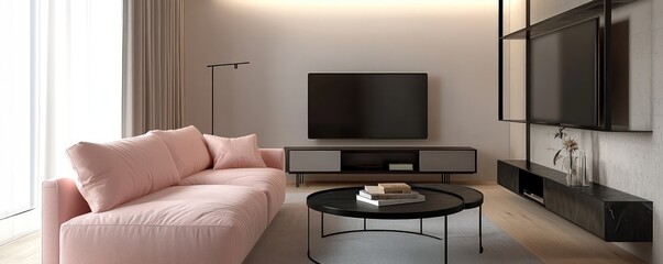 Fototapeta premium Trendy interior design in a minimalist living room with a rose pink sofa and daylight illumination.