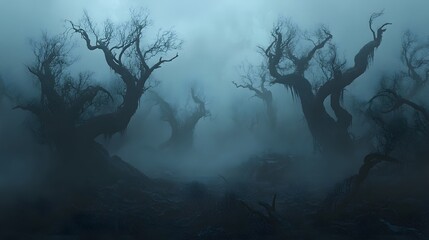 A foggy dark forest with twisted trees and hidden Halloween creatures
