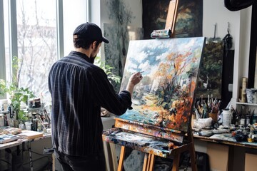 An artist applying the final touches to a stunning painting on an easel in a bright, organized studio, emphasizing creativity and artistic skill. 