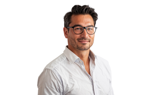 Portrait of a handsome, smiling businessman wearing glasses, isolated on transparent background, cut out