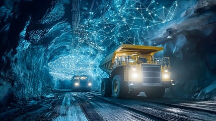 Aerial view of an IoT powered intelligent excavation system coordinating the underground mining Advanced sensor networks data analytics and automation technologies enable efficient safe