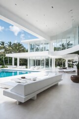 Naklejka premium Modern White Villa with Pool and Tropical Landscaping