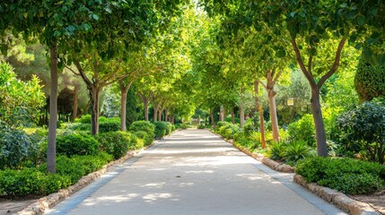 Fototapeta premium Stone Pathway Through Lush Green Trees in a Park