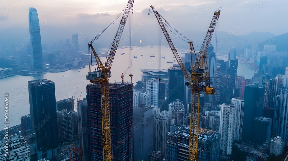 Poster iot enabled cranes lifting materials with precision and efficiency during skyscraper construction sh