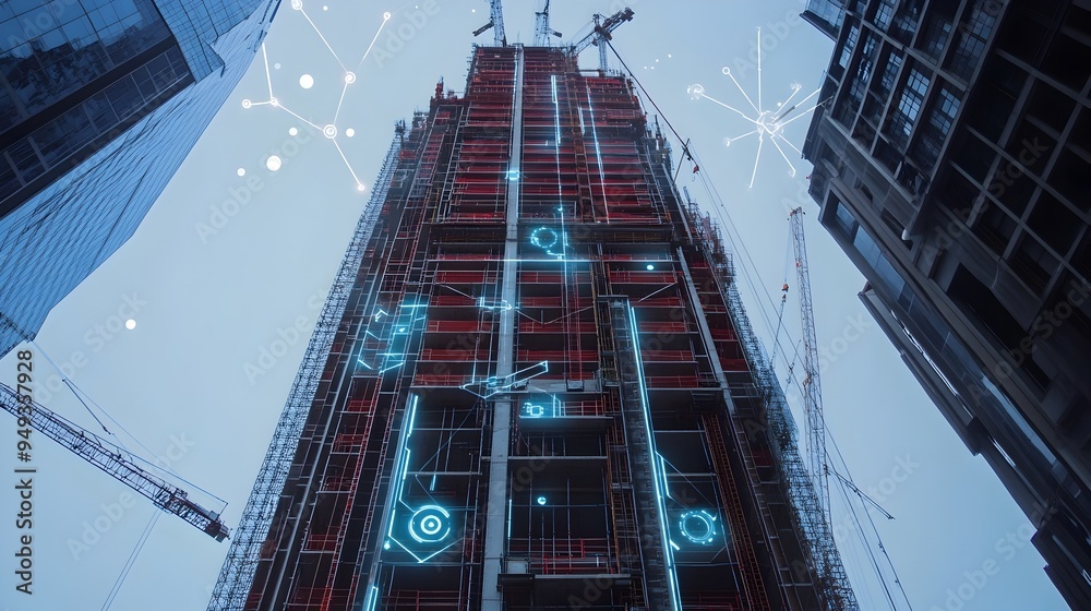 Poster advanced iot sensors monitoring the structural integrity and safety of a skyscraper under constructi
