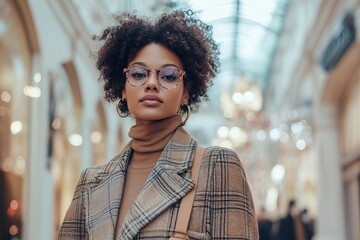 Fashionable individual in a designer outfit, standing confidently in an upscale shopping district, showcasing style, luxury, and high-end fashion trends.