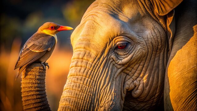 Tiny red-billed oxpecker perches on giant African elephant's back, its delicate claws holding firm as warm sunlight illuminates its feathers and the elephant's ridged skin.