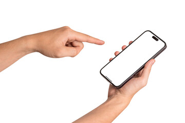 Hand using smartphone with blank screen isolated on white background. Concepts for business finance, Concept technology, Concept product advertising and Concept marketing. Image high quality for your 