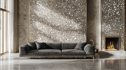 Chic living room with a silk grey sofa, pearl inlay walls, gold accents, and a modern fireplace, in 3D.