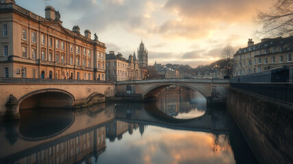 Fototapeta premium Sunset over a historic cityscape with bridges reflecting on calm waters in a tranquil riverside setting