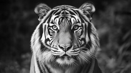 Naklejka premium A striking monochrome illustration of a tiger staring directly at the viewer in a forest setting during the day