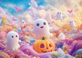 Enchanting 3D Claymation Halloween Scene with Cute Ghosts and Jack O' Lantern