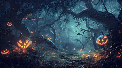 A dark mysterious forest with hidden Halloween creatures and twisted forms