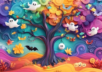 Enchanting Elegant Luxury 3D Whimsical Halloween Tree with Claymation Style and Anime Features