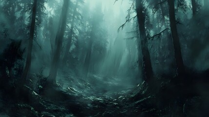 Fototapeta premium A foggy forest with exaggerated shadows and deep dark colors