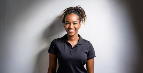 A portrait of a Black woman wearing a black polo shirt