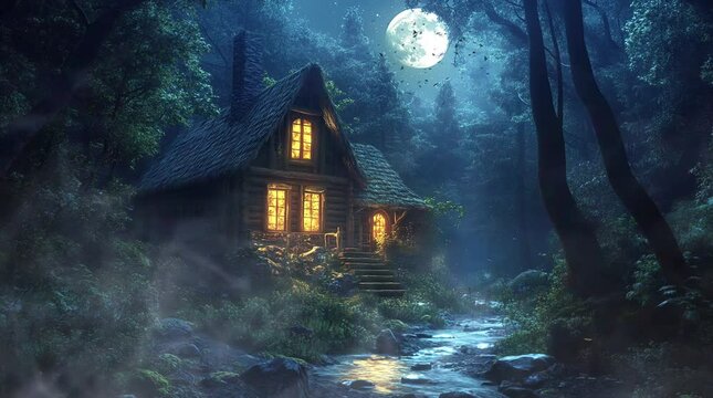 A glowing house nestled in a forest illuminated by the full moon, creating a magical and enchanting nighttime scene
seamless looping 4k time-lapse virtual video animation background. generated ai
