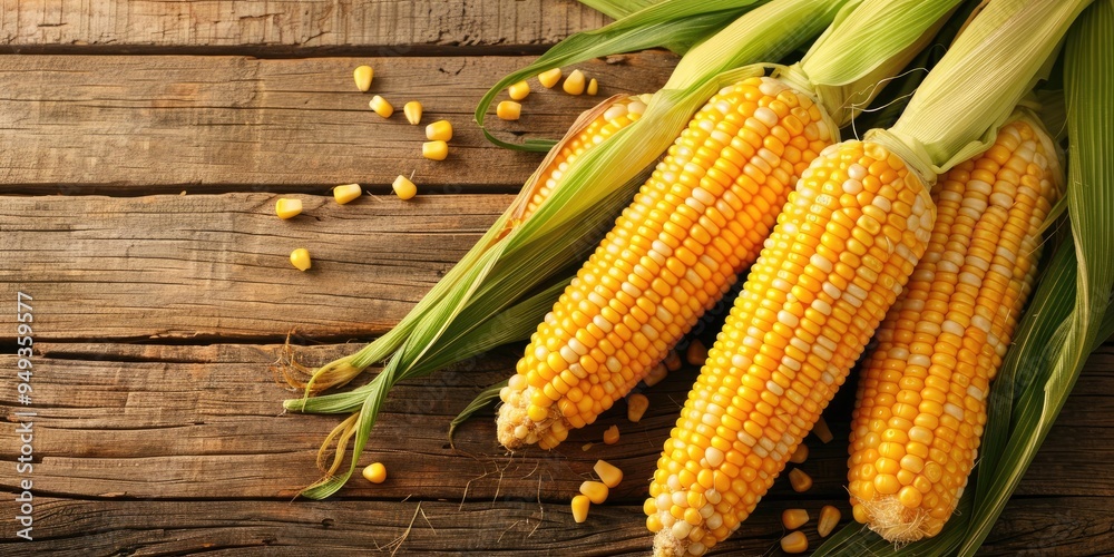 Canvas Prints Sweet corn on the cob displayed on a wooden table