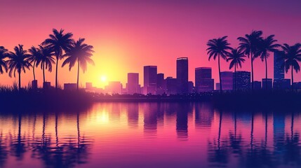 Vibrant Sunset Over a City Skyline with Palm Trees and a Reflecting Lake, Capturing the Urban Miami Vibes. 
