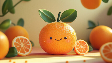 Cheerful orange with a smile surrounded by sliced oranges on a sunny surface