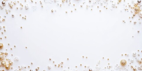White Background with Gold and Silver Christmas Baubles and Pearls Border