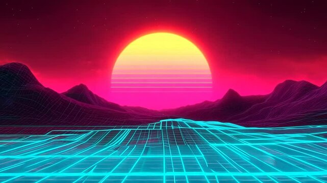 Neon Sunset in Retro Cyber Landscape