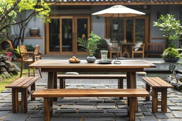 Acacia Wood Outdoor Dining Table and Bench Set with Slatted Top and Two-Seater Bench for Patio Area