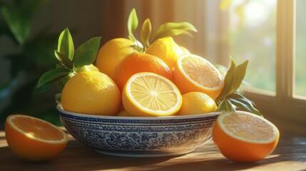 Fresh Citrus Fruits in a Decorative Bowl by a Sunlit Window with Greenery in the Background