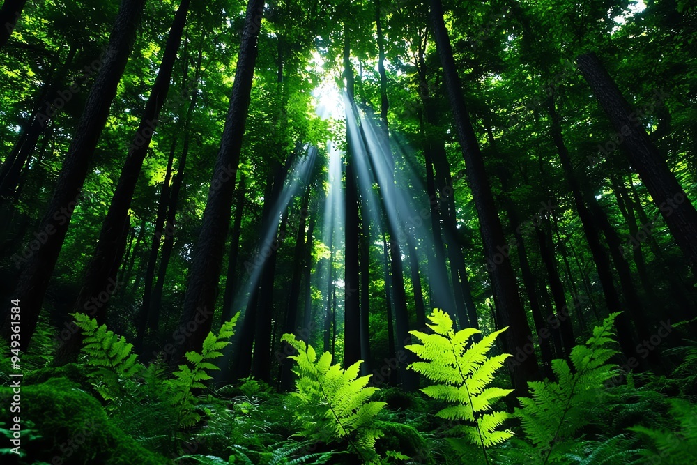 Poster Hunting Forest with dense trees and soft mist, captured in a photo where shafts of light break through the canopy, creating an eerie, tranquil atmosphere