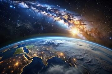 Fototapeta premium A majestic, sweeping shot of the Earth from space, with a faint glow representing CO2 levels, set against a deep, starry night sky.