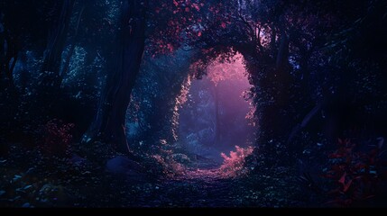A mysterious forest with deep dark colors and hidden creatures