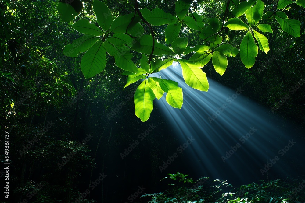 Poster Hunting Forest with dense trees and soft mist, captured in a photo where shafts of light break through the canopy, creating an eerie, tranquil atmosphere