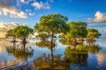 Fototapeta premium Coastal wetlands with mangroves and salt marshes inundated with seawater, with water lapping at the base of the trees, conveying a sense of serenity and ecological disruption.